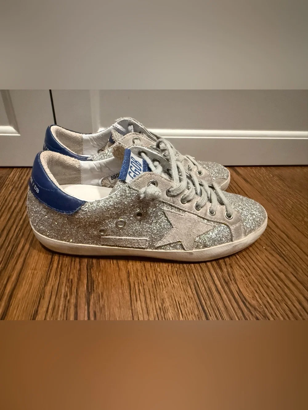 Golden Goose Silver Glitter Superstar Sneakers with Blue Heel